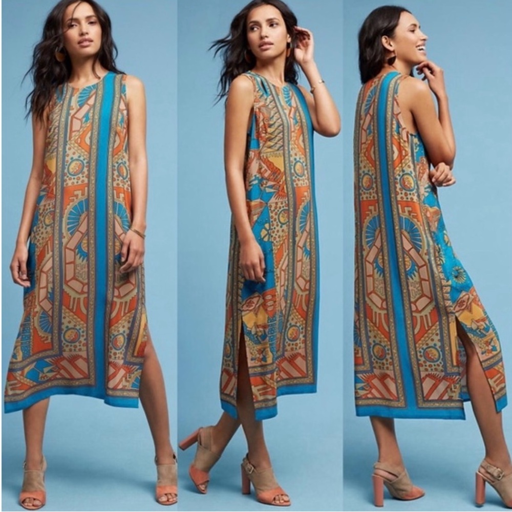Anthropologie Sleeveless Midi Dress in Turquoise, Orange, Tan Print